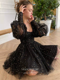 Short Prom Dresses 2025 Black Starry Tulle Hoco Dresses Long Sleeve Graduation Dresses hc173-Prom Dresses-vigocouture-Black-US2-vigocouture