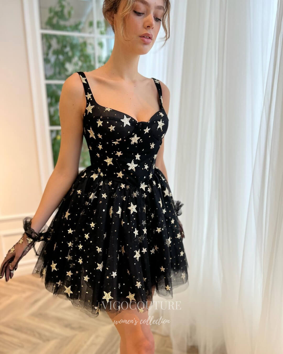 Short Prom Dresses 2025 Black Starry Tulle Homecoming Dress Spaghetti Strap Graduation Dress hc285-Prom Dresses-vigocouture-vigocouture