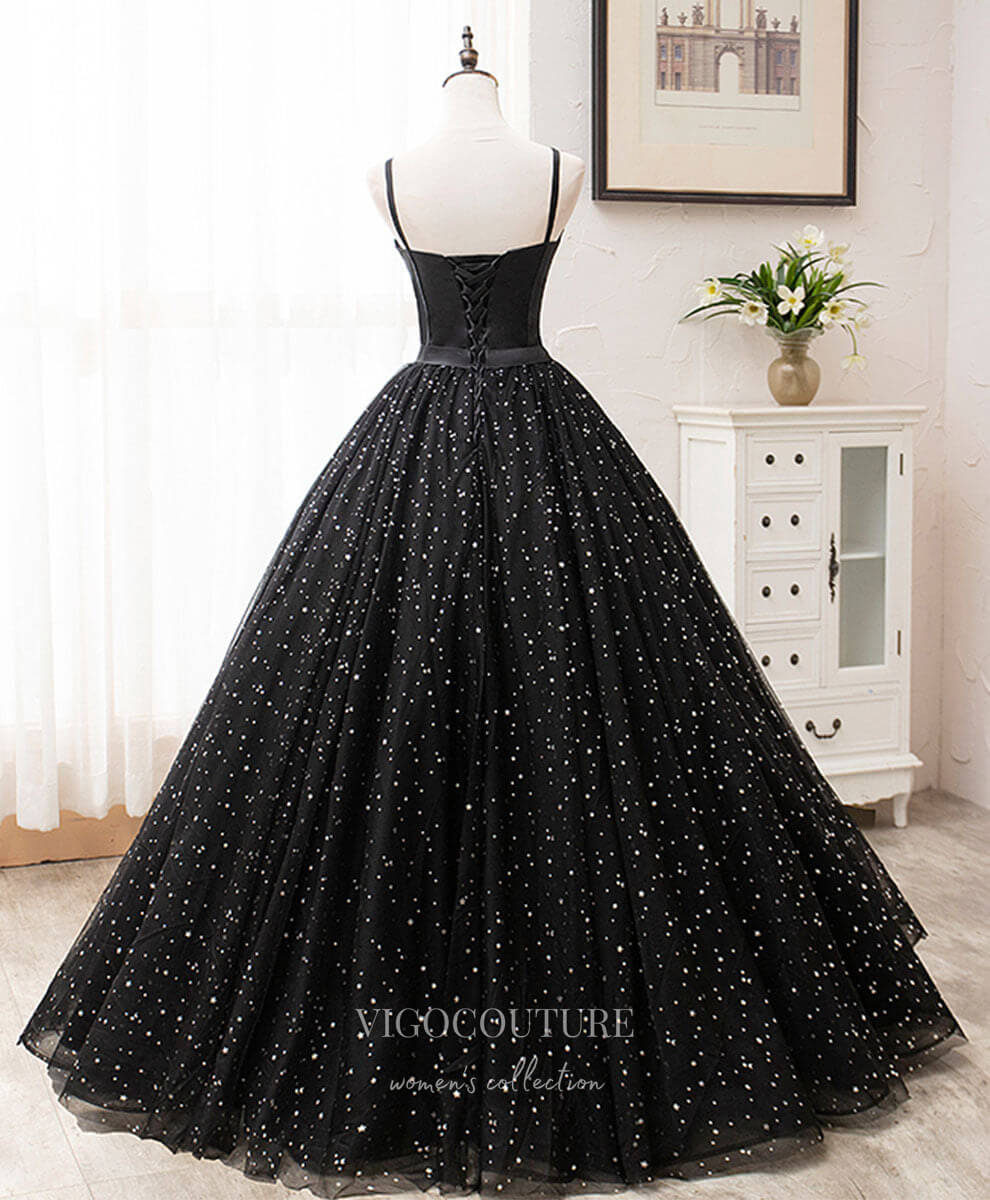 Prom Dress 2025 Black Starry Tulle Prom Dresses Spaghetti Strap Evening Dress 21825-unique elegant Prom Dresses-Black-US2-vigocouture