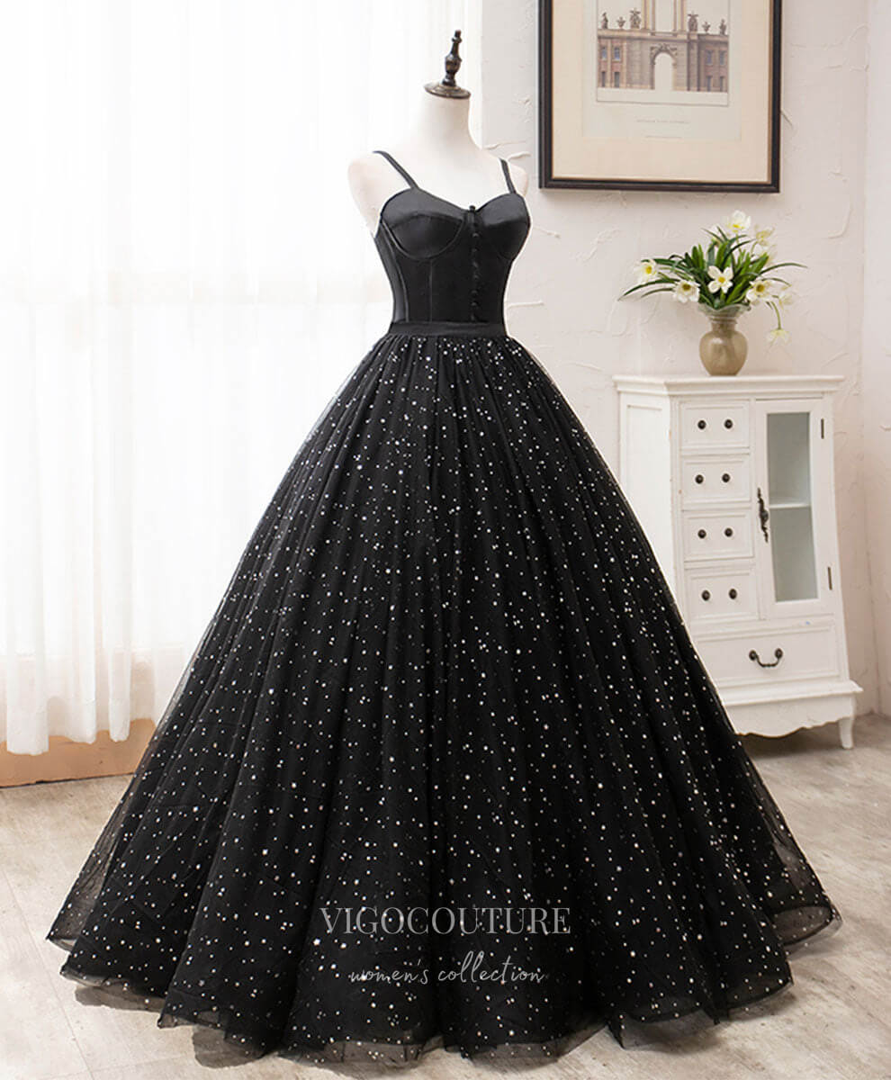 Prom Dress 2025 Black Starry Tulle Prom Dresses Spaghetti Strap Evening Dress 21825-unique elegant Prom Dresses-Black-US2-vigocouture