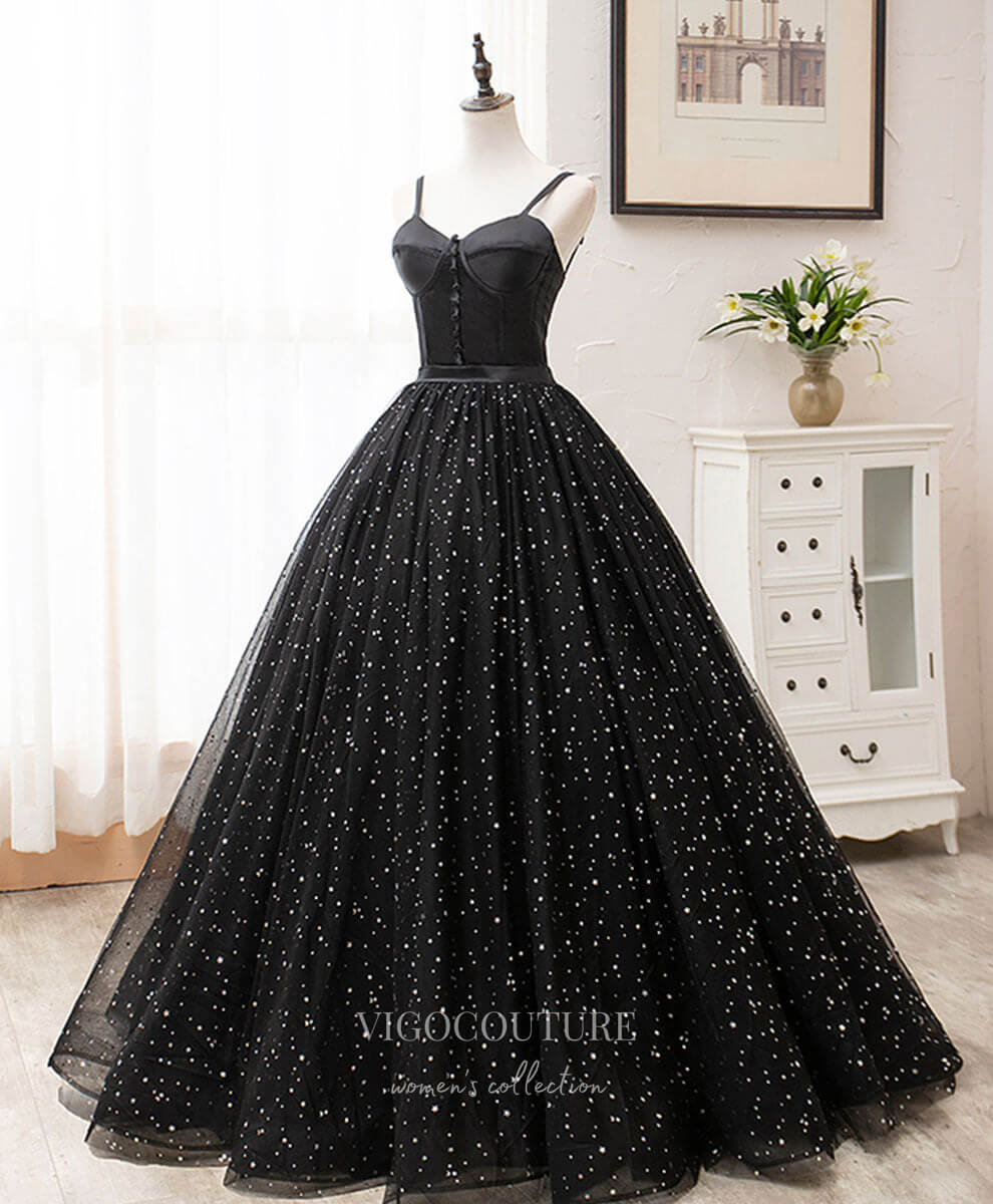 Prom Dress 2025 Black Starry Tulle Prom Dresses Spaghetti Strap Evening Dress 21825-unique elegant Prom Dresses-Black-US2-vigocouture