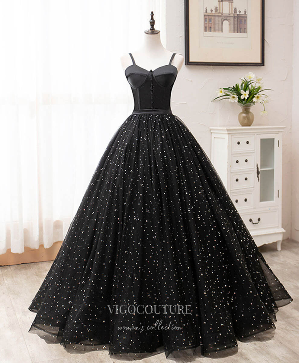 Prom Dress 2025 Black Starry Tulle Prom Dresses Spaghetti Strap Evening Dress 21825-unique elegant Prom Dresses-Black-US2-vigocouture