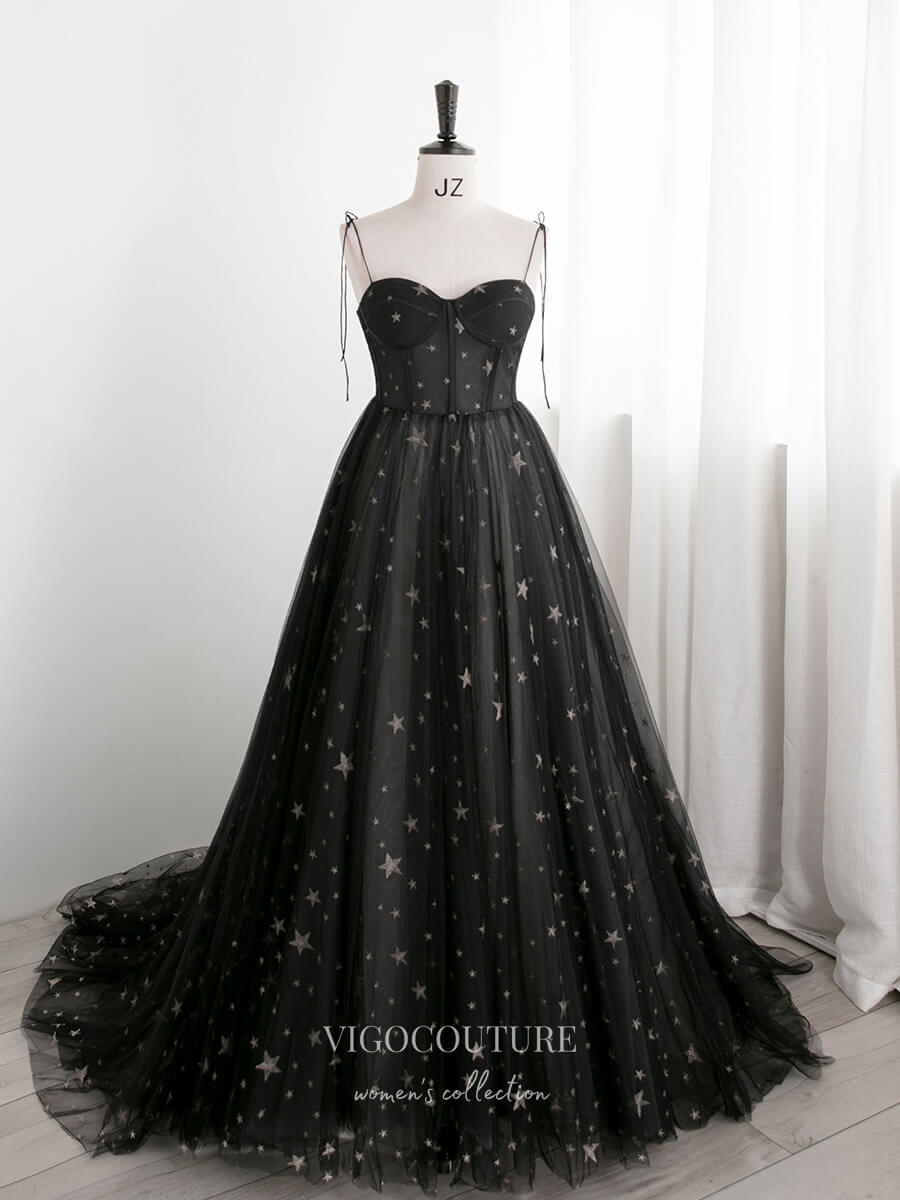 Prom Dress 2025 Black Starry Tulle Prom Dresses Spaghetti Strap Formal Dresses 21320-unique elegant Prom Dresses-Black-US2-vigocouture