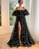 Prom Dress 2025 Black Starry Tulle Prom Dresses with Slit Puffed Sleeve Formal Dress 21991-unique elegant Prom Dresses-Black-US2-vigocouture