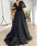 Prom Dress 2025 Black Starry Tulle Puffed Sleeve Prom Dress 20988-unique elegant Prom Dresses-Black-US2-vigocouture