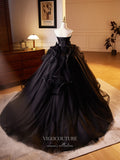 Prom Dress 2025 Black Strapless 3D Flower Prom Dresses Ruffled Quinceanera Dress 24400-unique elegant Prom Dresses-Black-Custom Size-vigocouture