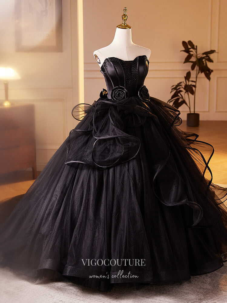 Black Strapless 3D Flower Prom Dresses Ruffled Quinceanera Dress 24400 – vigocouture
