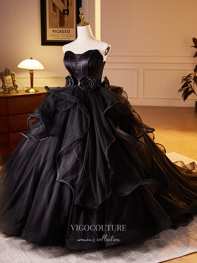 Prom Dress 2025 Black Strapless 3D Flower Prom Dresses Ruffled Quinceanera Dress 24400-unique elegant Prom Dresses-Black-Custom Size-vigocouture