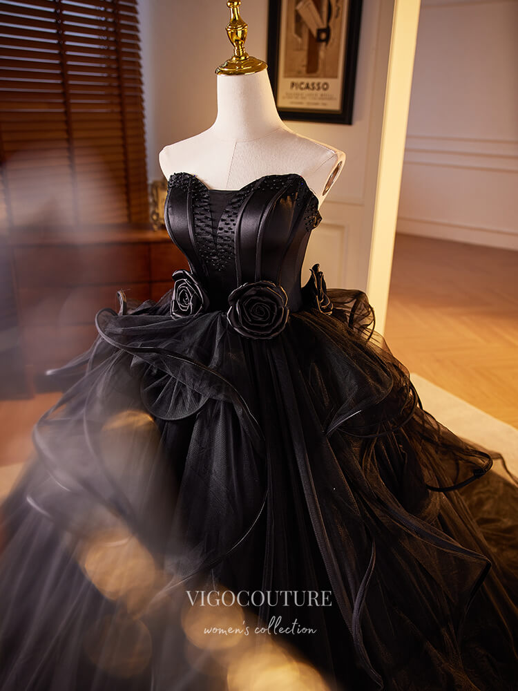 Prom Dress 2025 Black Strapless 3D Flower Prom Dresses Ruffled Quinceanera Dress 24400-unique elegant Prom Dresses-Black-Custom Size-vigocouture