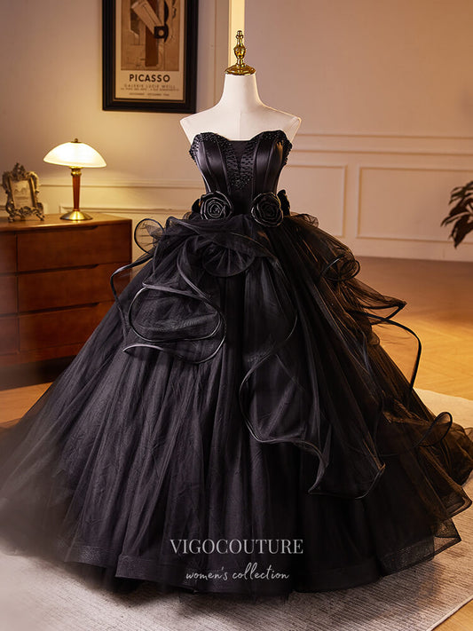 Prom Dress 2025 Black Strapless 3D Flower Prom Dresses Ruffled Quinceanera Dress 24400-unique elegant Prom Dresses-Black-Custom Size-vigocouture