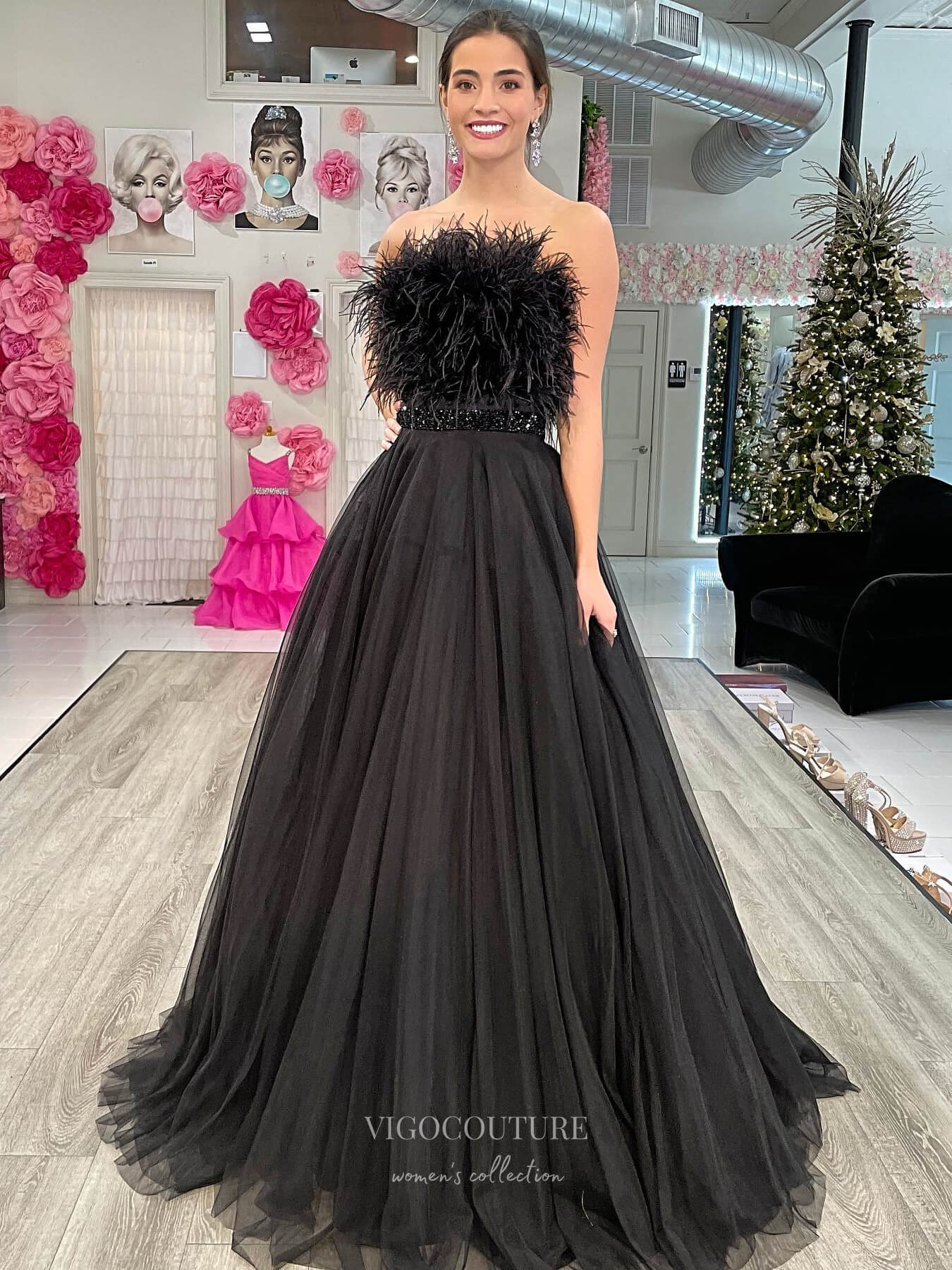 Prom Dress 2025 Black Strapless Feather Cheap Prom Dresses Tulle Beaded Waist 24141-unique elegant Prom Dresses-Black-Custom Size-vigocouture