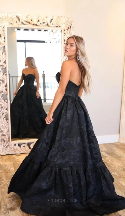 black ball gown dress Black Strapless Jacquard Ball Gown Prom Dress with Corset Bodice & Ruffle Hem – TH012