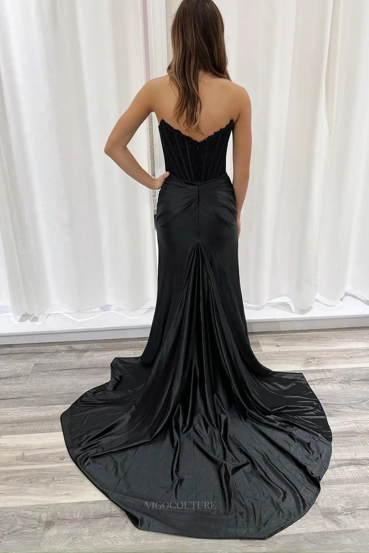 Prom Dresses 2025 to impress Black Strapless Prom Dress with Lace Corset Bodice, Ruched Satin Skirt & High Slit – 26086-vigocouture-vigocouture