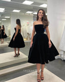 Black Strapless Prom Dresses Tea-Length Velvet Short Formal Dress 21906