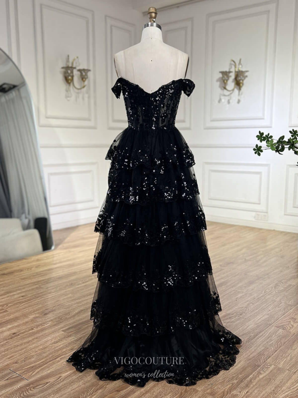 Black Tiered Lace Prom Dresses Sparkly Off the Shoulder Pageant Dress vigocouture Black Tiered Lace Prom Dresses Sparkly Off the Shoulder Pageant Dress vigocouture