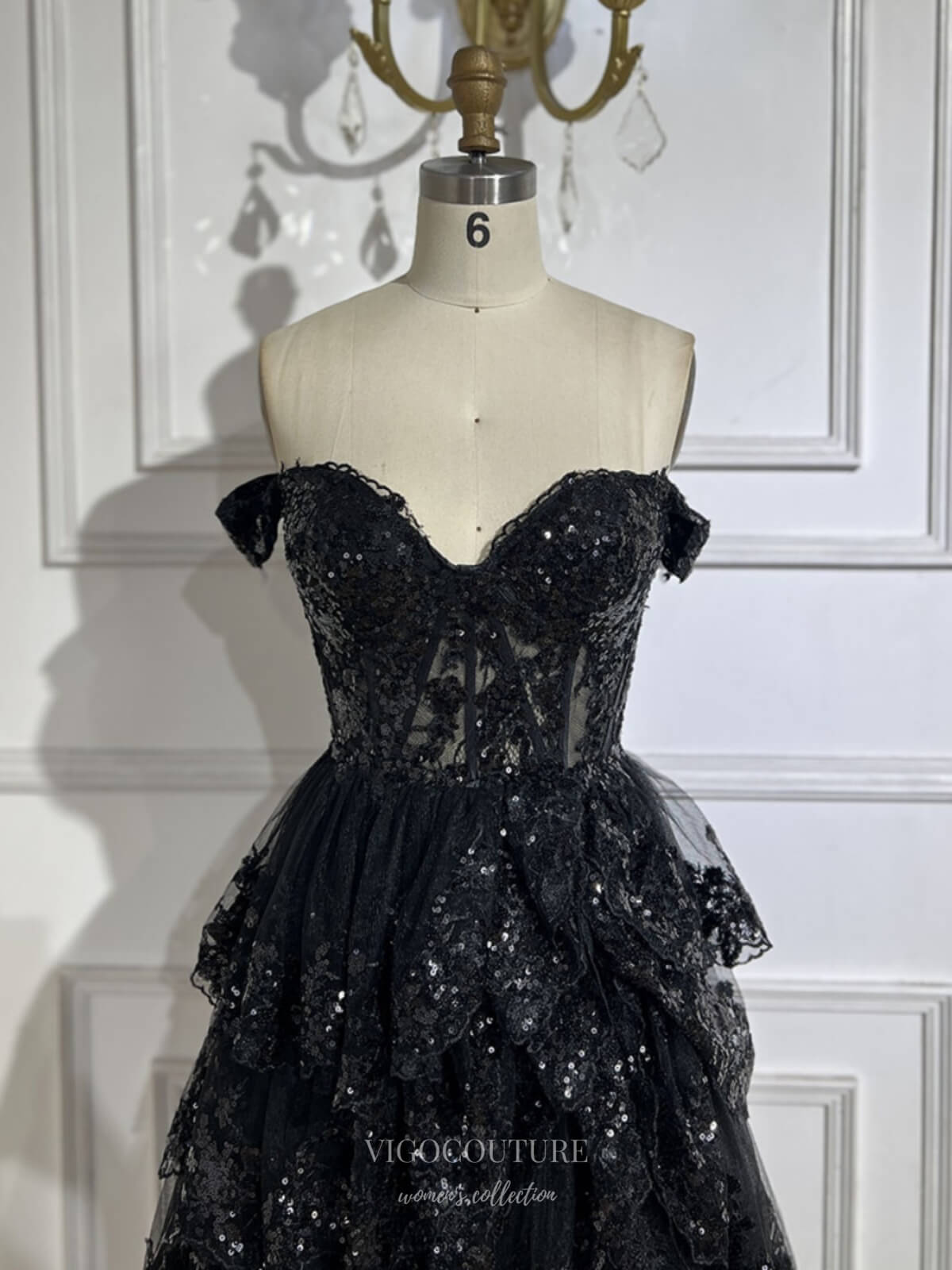Black Tiered Lace Prom Dresses Sparkly Off the Shoulder Pageant Dress vigocouture Black Tiered Lace Prom Dresses Sparkly Off the Shoulder Pageant Dress vigocouture