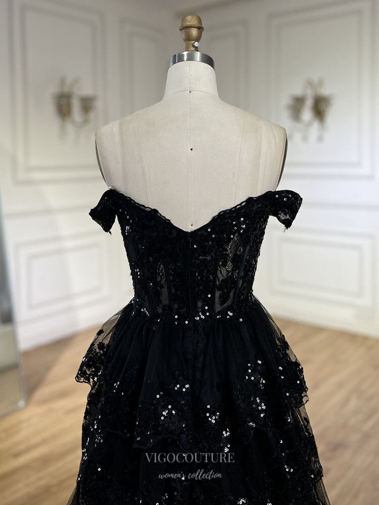 Black Tiered Lace Prom Dresses Sparkly Off the Shoulder Pageant Dress Black Tiered Lace Prom Dresses Sparkly Off the Shoulder Pageant Dress