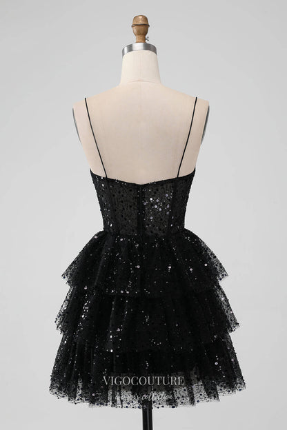 Black Tiered Sequin Homecoming Dresses Spaghetti Strap Back to School Dress hc366 Black / 26W Black Tiered Sequin Homecoming Dresses Spaghetti Strap Back to School Dress hc366 Black / 26W
