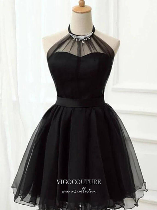 Short Prom Dresses 2025 Black Tulle Hoco Dresses Halter Neck Graduation Dresses hc176-Prom Dresses-vigocouture-Black-US2-vigocouture