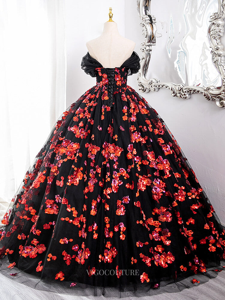 Prom Dresses 2025 to impress Black Tulle Prom Dresses with Red Beaded Flowers, Off the Shoulder Quinceanera Dresses BG006-vigocouture-vigocouture