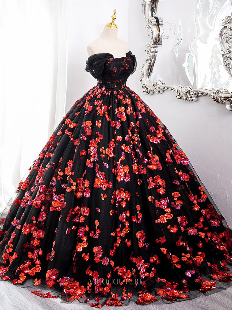 Prom Dresses 2025 to impress Black Tulle Prom Dresses with Red Beaded Flowers, Off the Shoulder Quinceanera Dresses BG006-vigocouture-vigocouture