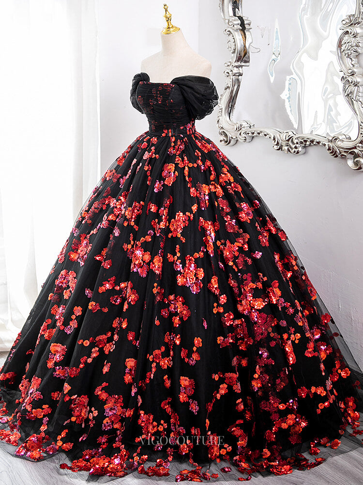 Black Tulle Prom Dresses with Red Beaded Flowers, Off the Shoulder Quinceanera Dresses BG006 Red / 24W Black Tulle Prom Dresses with Red Beaded Flowers, Off the Shoulder Quinceanera Dresses BG006 Red / 24W
