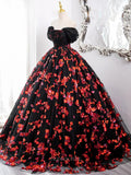 Prom Dresses 2025 to impress Black Tulle Prom Dresses with Red Beaded Flowers, Off the Shoulder Quinceanera Dresses BG006-vigocouture-vigocouture