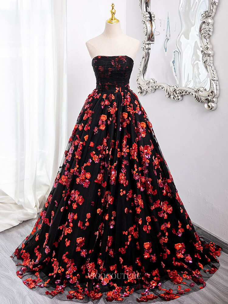 Prom Dresses 2025 to impress Black Tulle Prom Dresses with Red Beaded Flowers, Off the Shoulder Quinceanera Dresses BG006-vigocouture-vigocouture