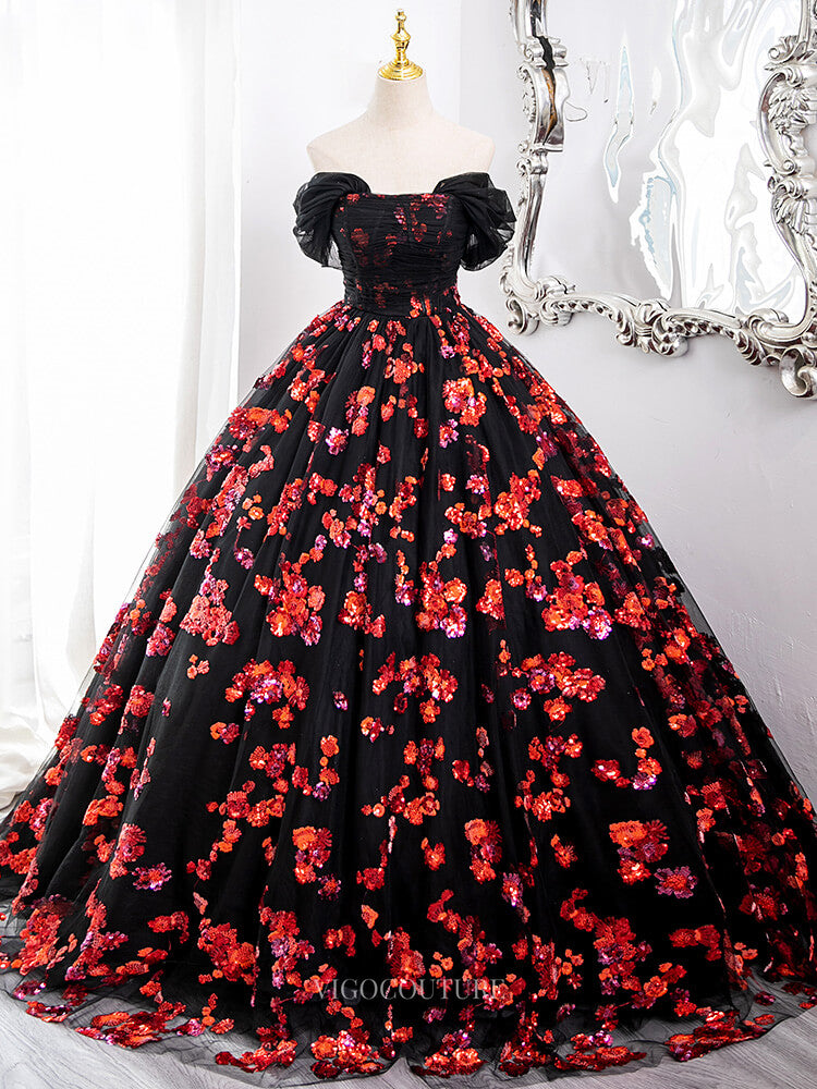 Prom Dresses 2025 to impress Black Tulle Prom Dresses with Red Beaded Flowers, Off the Shoulder Quinceanera Dresses BG006-vigocouture-Red-Custom Size-vigocouture