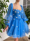 Short Prom Dresses 2025 Blue 3D Floral Hoco Dresses Long Sleeve Graduation Dresses hc169-Prom Dresses-vigocouture-vigocouture