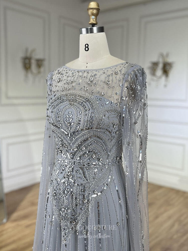 Prom Dress 2025 Blue Beaded Lace Extra Long Sleeve Prom Dresses Boat Neck Pageant Dress 25015-unique elegant Prom Dresses-Blue-US2-vigocouture