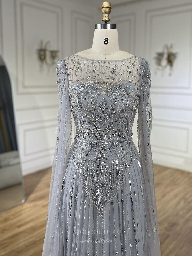 Prom Dress 2025 Blue Beaded Lace Extra Long Sleeve Prom Dresses Boat Neck Pageant Dress 25015-unique elegant Prom Dresses-Blue-US2-vigocouture