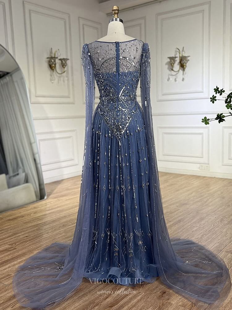 Prom Dress 2025 Blue Beaded Lace Extra Long Sleeve Prom Dresses Boat Neck Pageant Dress 25015-unique elegant Prom Dresses-Blue-US2-vigocouture