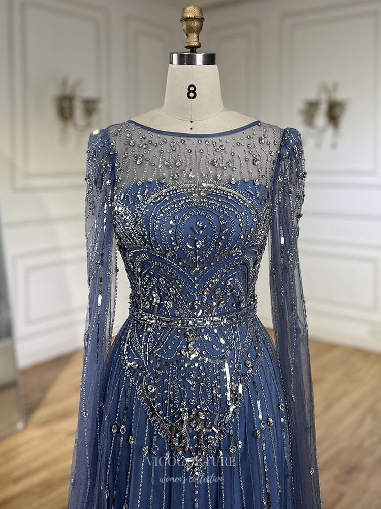 Blue Beaded Lace Extra Long Sleeve Prom Dresses Boat Neck Pageant Dress 25015 Blue / US12 Blue Beaded Lace Extra Long Sleeve Prom Dresses Boat Neck Pageant Dress 25015 Blue / US12