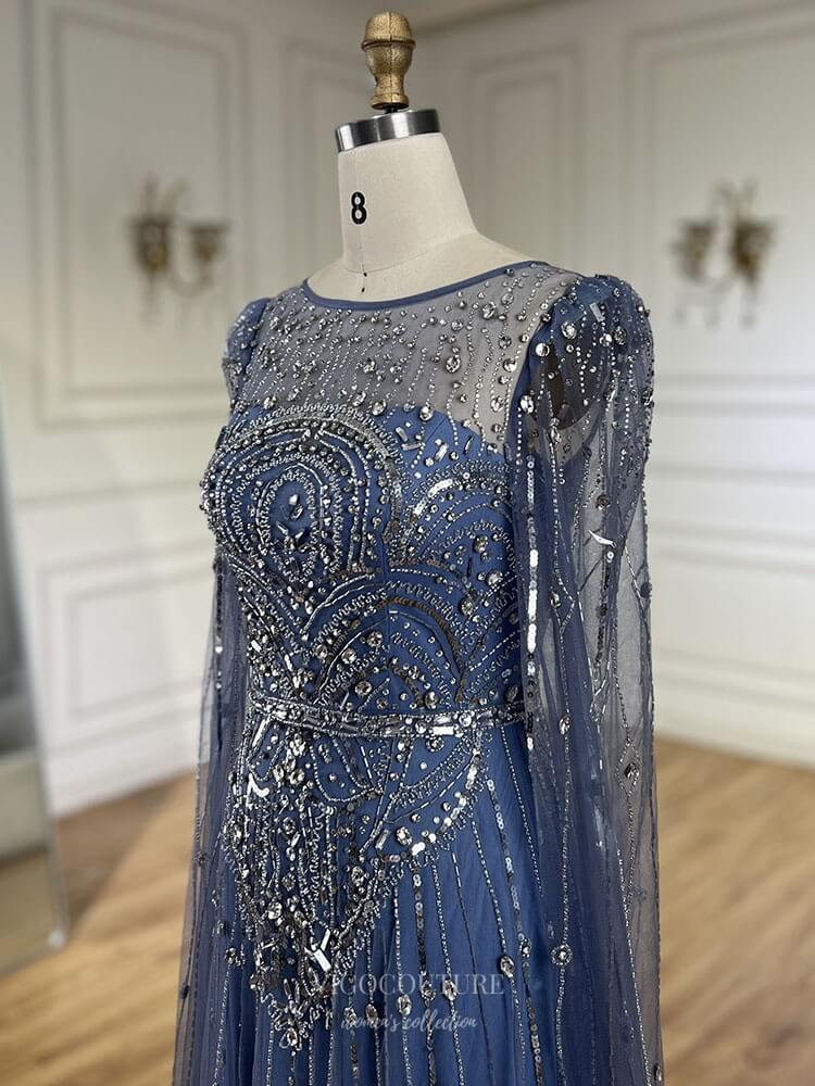 Prom Dress 2025 Blue Beaded Lace Extra Long Sleeve Prom Dresses Boat Neck Pageant Dress 25015-unique elegant Prom Dresses-Blue-US2-vigocouture