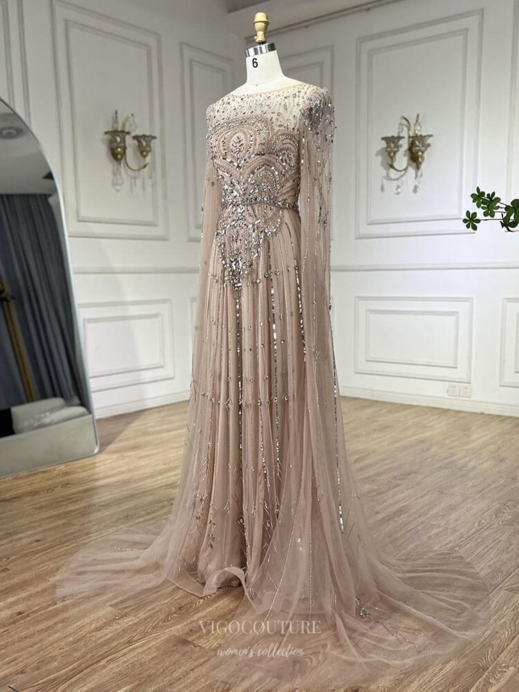 Blue Beaded Lace Extra Long Sleeve Prom Dresses Boat Neck Pageant Dres vigocouture Blue Beaded Lace Extra Long Sleeve Prom Dresses Boat Neck Pageant Dres vigocouture