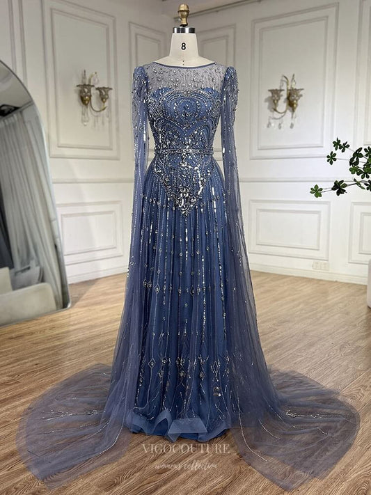 Prom Dress 2025 Blue Beaded Lace Extra Long Sleeve Prom Dresses Boat Neck Pageant Dress 25015-unique elegant Prom Dresses-Blue-US2-vigocouture