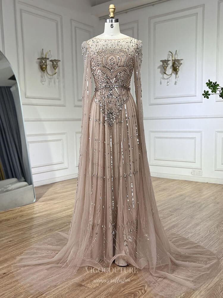 Blue Beaded Lace Extra Long Sleeve Prom Dresses Boat Neck Pageant Dress 25015 - Khaki / US2 Blue Beaded Lace Extra Long Sleeve Prom Dresses Boat Neck Pageant Dress 25015 - Khaki / US2
