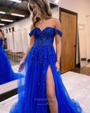 Prom Dress 2025 Blue Beaded Lace Prom Dresses with Slit Off the Shoulder Evening Gown 24206-unique elegant Prom Dresses-Blue-Custom Size-vigocouture