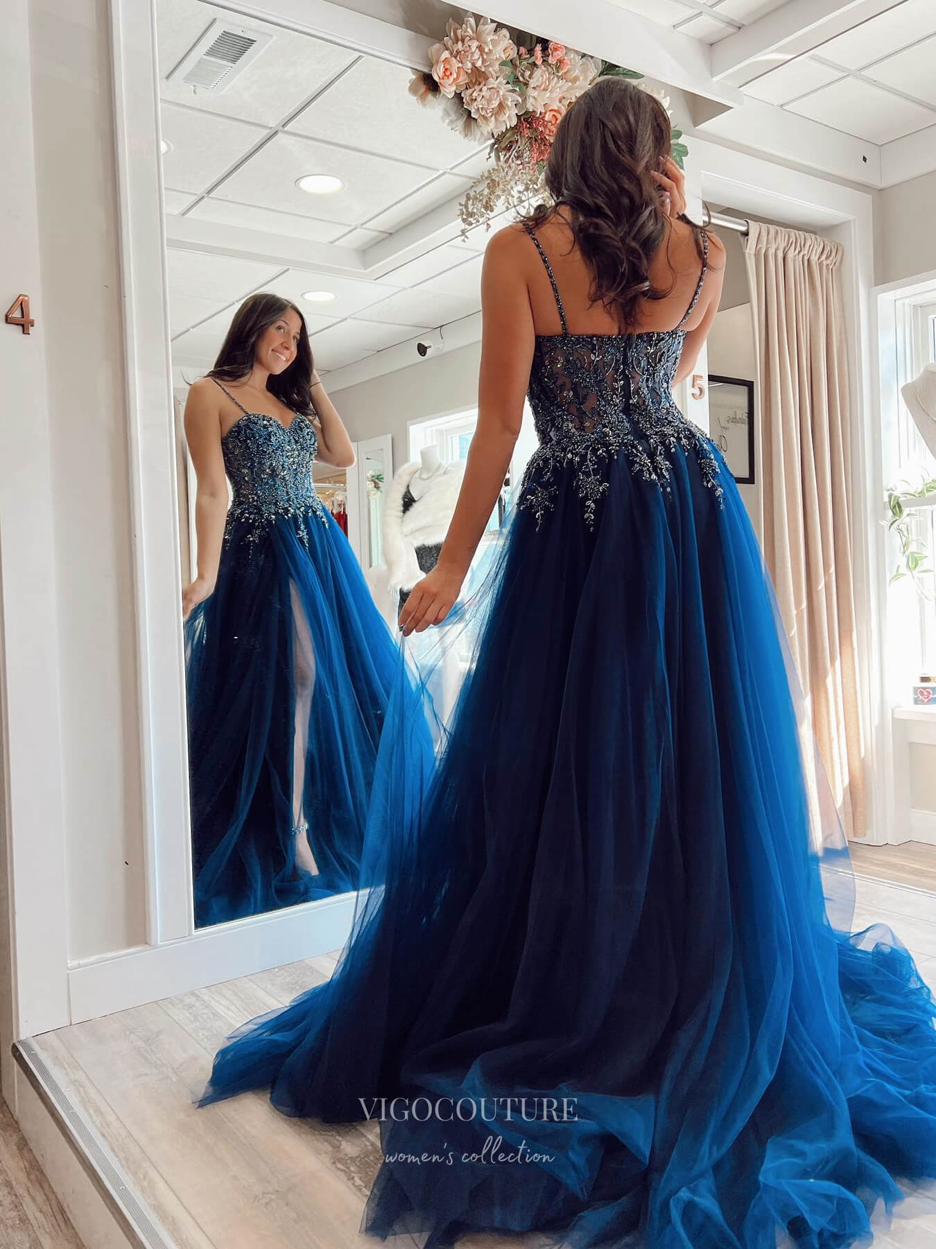 Blue Beaded Lace Prom Dresses with Slit Spaghetti Strap Tulle Skirt 24 vigocouture Blue Beaded Lace Prom Dresses with Slit Spaghetti Strap Tulle Skirt 24 vigocouture