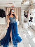 Prom Dress 2025 Blue Beaded Lace Prom Dresses with Slit Spaghetti Strap Tulle Skirt 24120-unique elegant Prom Dresses-Blue-Custom Size-vigocouture