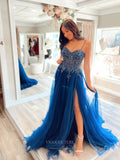 Prom Dress 2025 Blue Beaded Lace Prom Dresses with Slit Spaghetti Strap Tulle Skirt 24120-unique elegant Prom Dresses-Blue-Custom Size-vigocouture