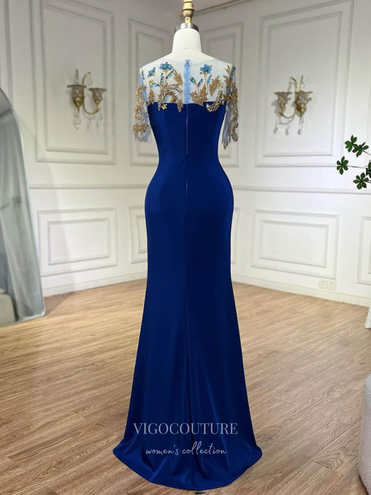 Blue Beaded Lace Satin Prom Dresses Cap Sleeve Boat Neck Formal Dress 24518 Blue / US16 Blue Beaded Lace Satin Prom Dresses Cap Sleeve Boat Neck Formal Dress 24518 Blue / US16
