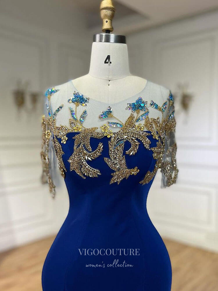 Blue Beaded Lace Satin Prom Dresses Cap Sleeve Boat Neck Formal Dress 24518 Blue / US16 Blue Beaded Lace Satin Prom Dresses Cap Sleeve Boat Neck Formal Dress 24518 Blue / US16