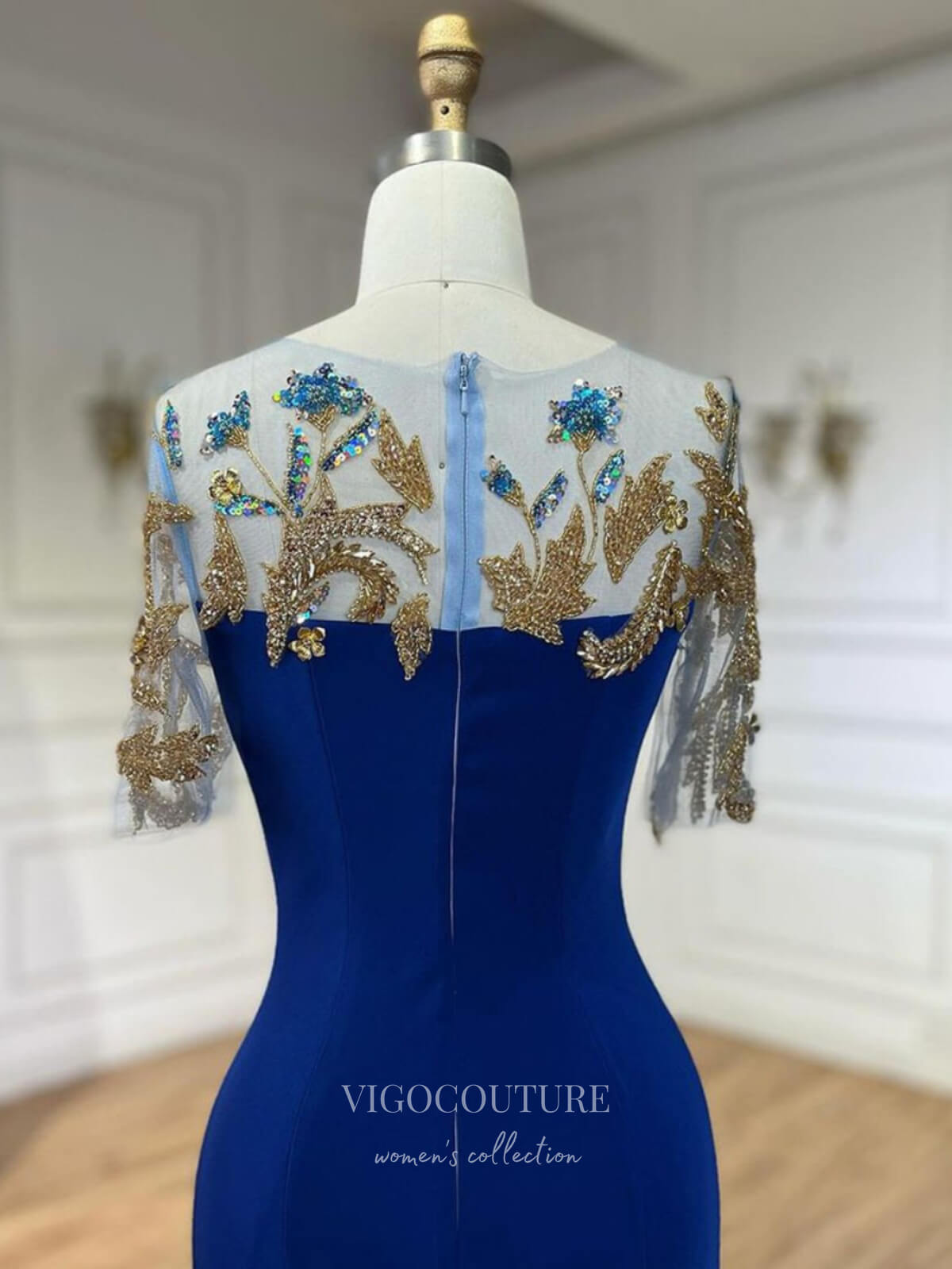 Blue Beaded Lace Satin Prom Dresses Cap Sleeve Boat Neck Formal Dress 24518 Blue / US16 Blue Beaded Lace Satin Prom Dresses Cap Sleeve Boat Neck Formal Dress 24518 Blue / US16