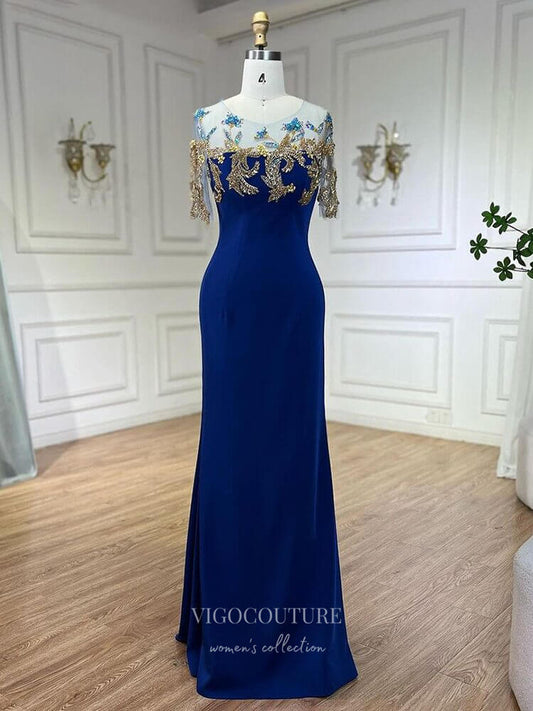 Prom Dress 2025 Blue Beaded Lace Satin Prom Dresses Cap Sleeve Boat Neck Formal Dress 24518-unique elegant Prom Dresses-Blue-US2-vigocouture