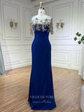 Blue Beaded Lace Satin Prom Dresses Cap Sleeve Boat Neck Formal Dress 24518