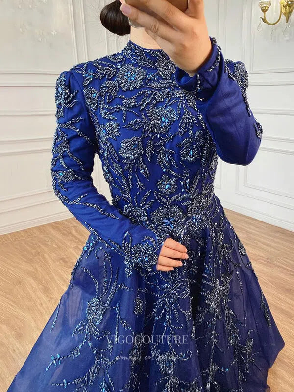 Prom Dress 2025 Blue Beaded Long Sleeve Prom Dresses High Neck Formal Dresses 21269-unique elegant Prom Dresses-Blue-US2-vigocouture