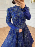 Prom Dress 2025 Blue Beaded Long Sleeve Prom Dresses High Neck Formal Dresses 21269-unique elegant Prom Dresses-Blue-US2-vigocouture