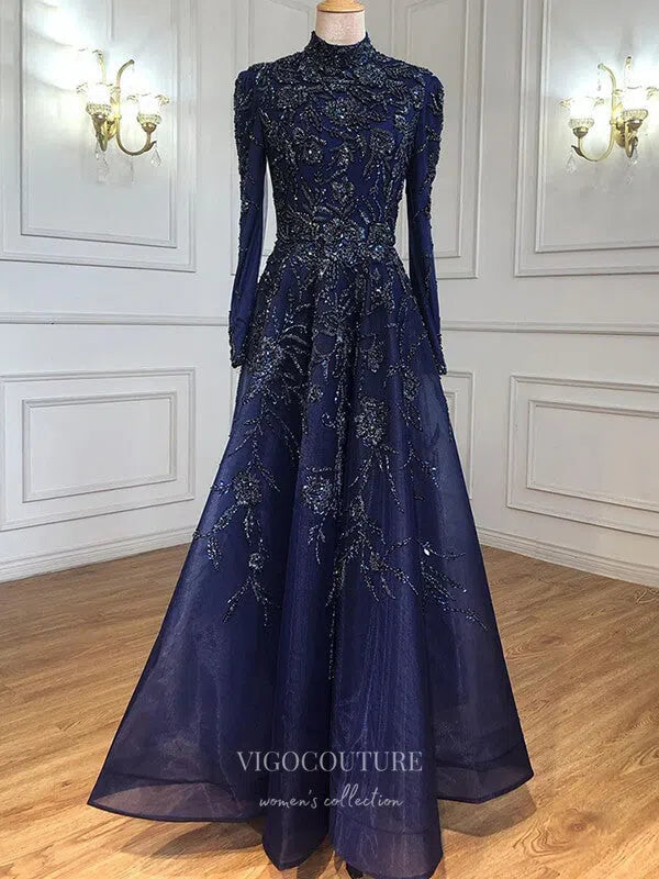 Blue Beaded Long Sleeve Prom Dresses High Neck Formal Dresses 21269 – vigocouture